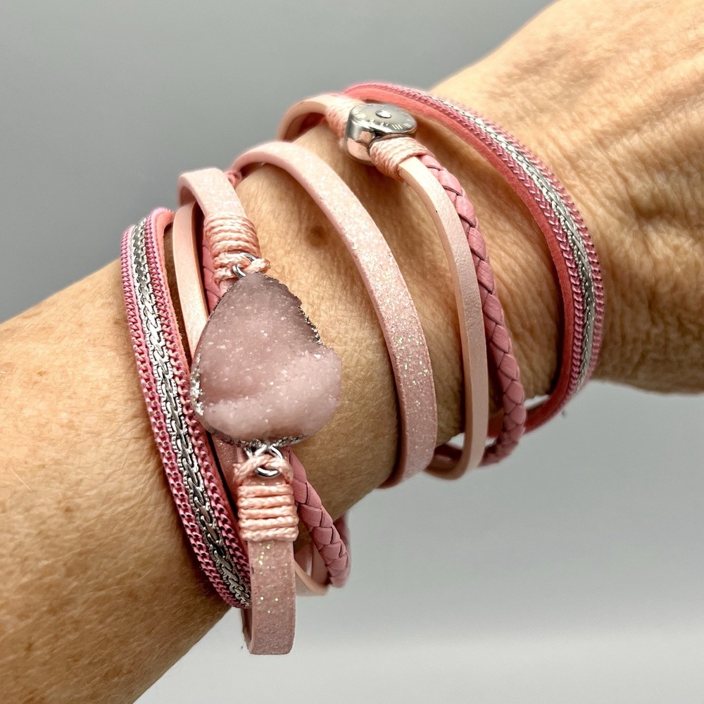 Multi-strand leather wrap bracelet pink Druzy magnetic clasp‎